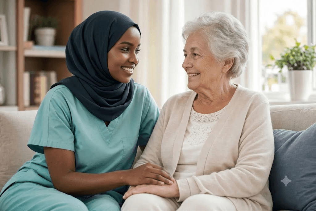 A caregiver and an older adult sharing a warm, compassionate moment at home